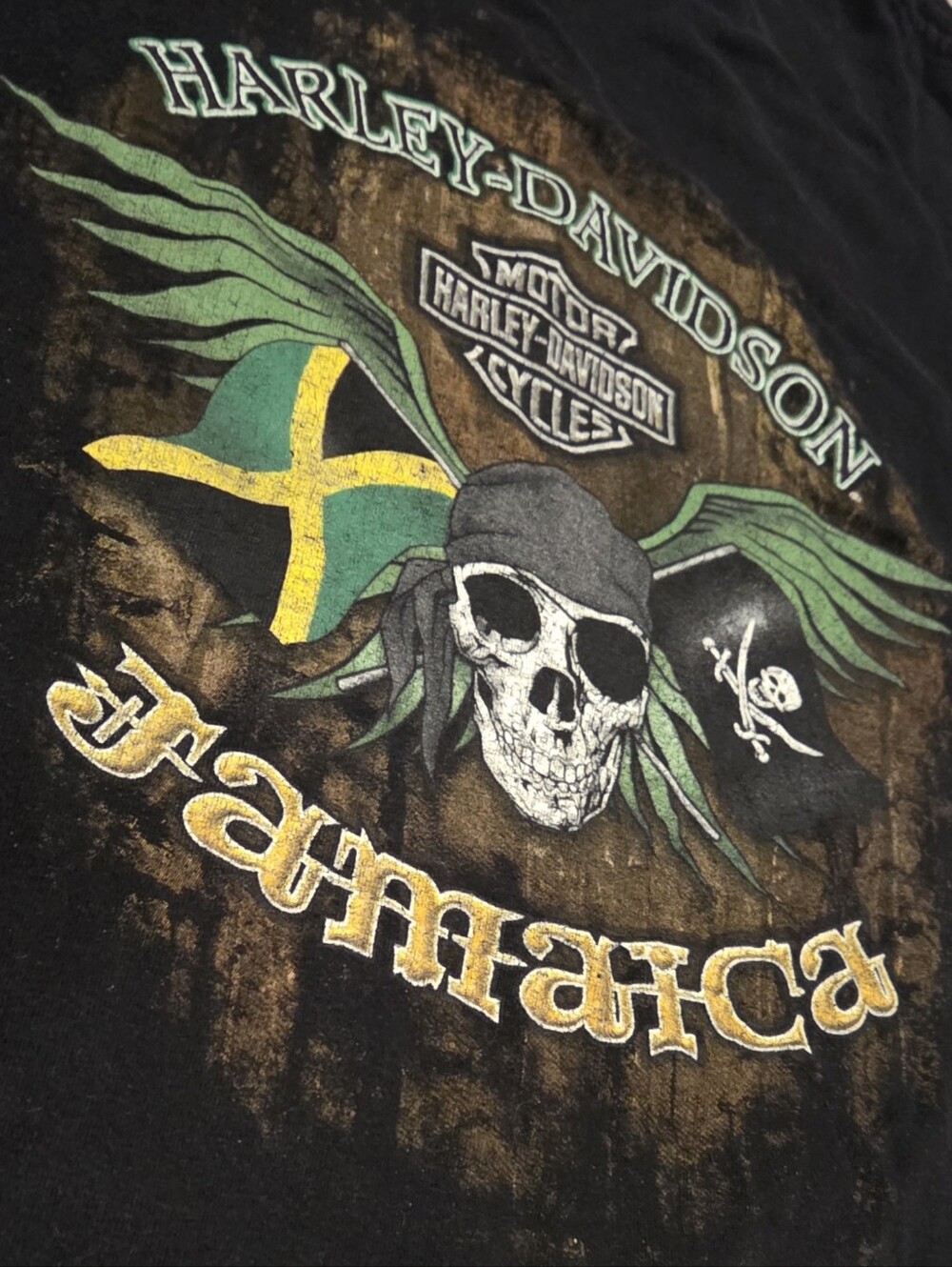 Vintage 90's Harley-Davidson Jamaica Black Graphic Tee W/ Pirate Skull Back Hit